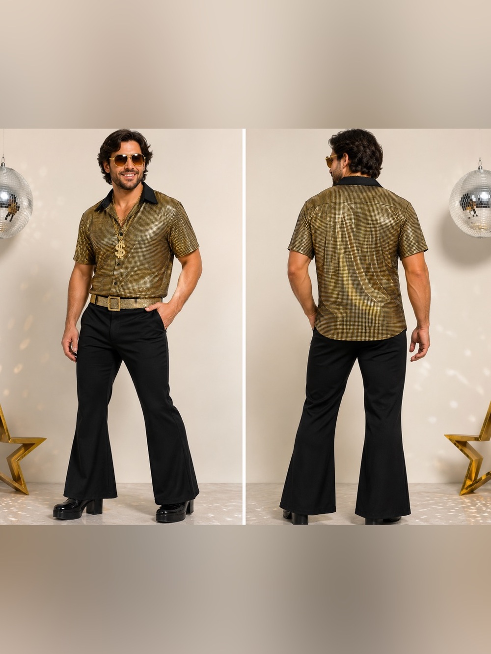 70s Disco Costume Adult Large Gold Shirt Glasses Chain Mustache Party Set